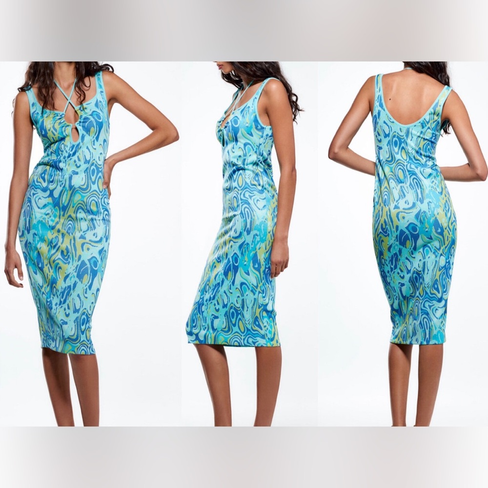 Zara | Cut Out Jacquard Blue Pattern MIDI Dress Small